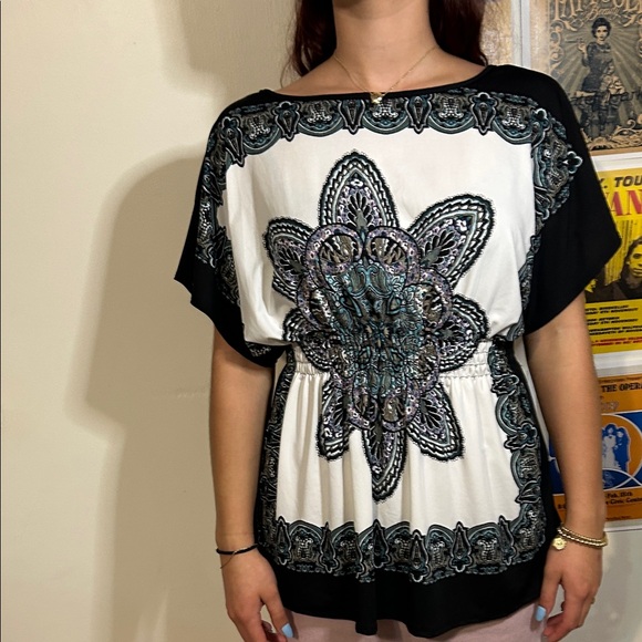 Claudia Richard Tops - Claudia Richard Black and White Patterned Blouse